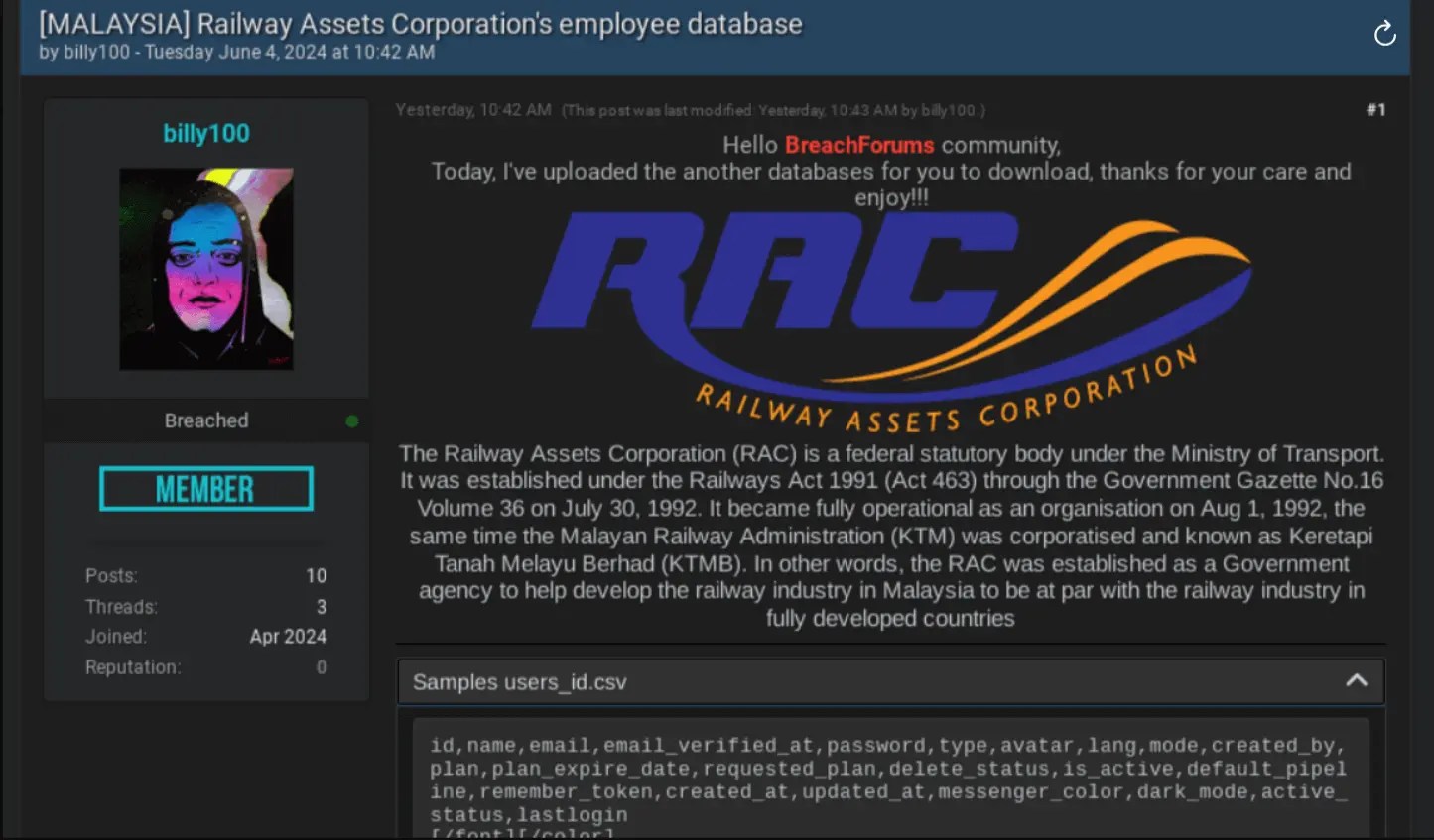 Malaysia's RAC Data Breach Exposes Sensitive Information