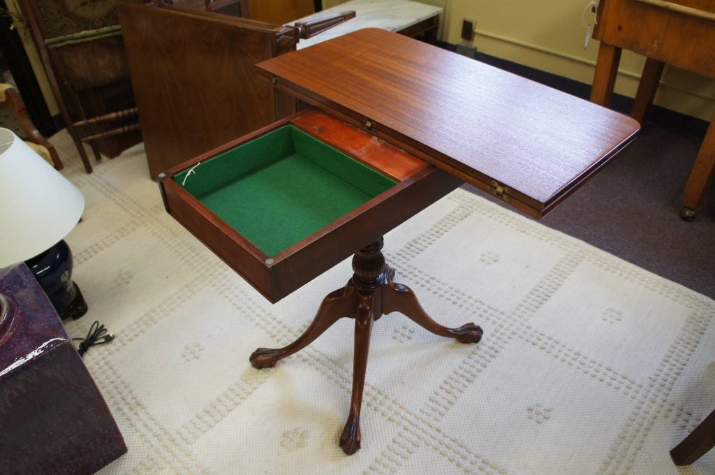 Antique Mahogany Swivel Top Game Table 1940s Chippendale Ball & Claw Foot