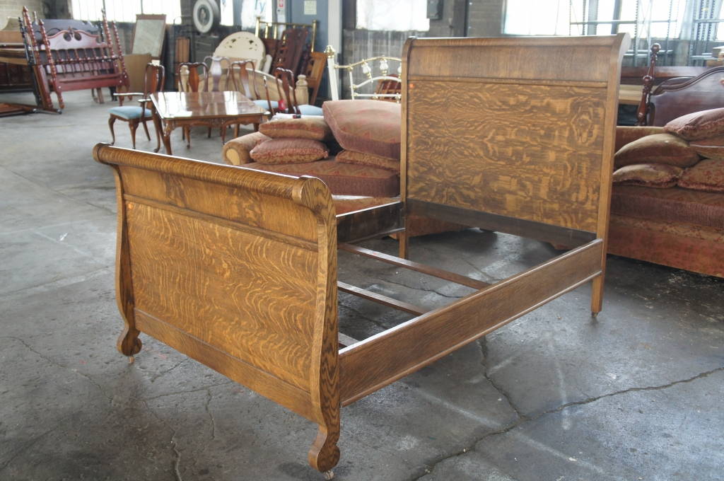 Antique Tiger Oak Sleigh Bed Frame Original Wood Castors Full Double