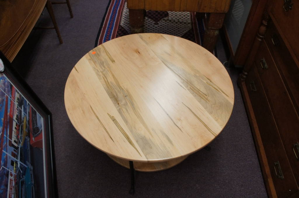 Solid Round Baker 2 Tier Wood Cast Iron Coffee Side Table 34" Cocktail