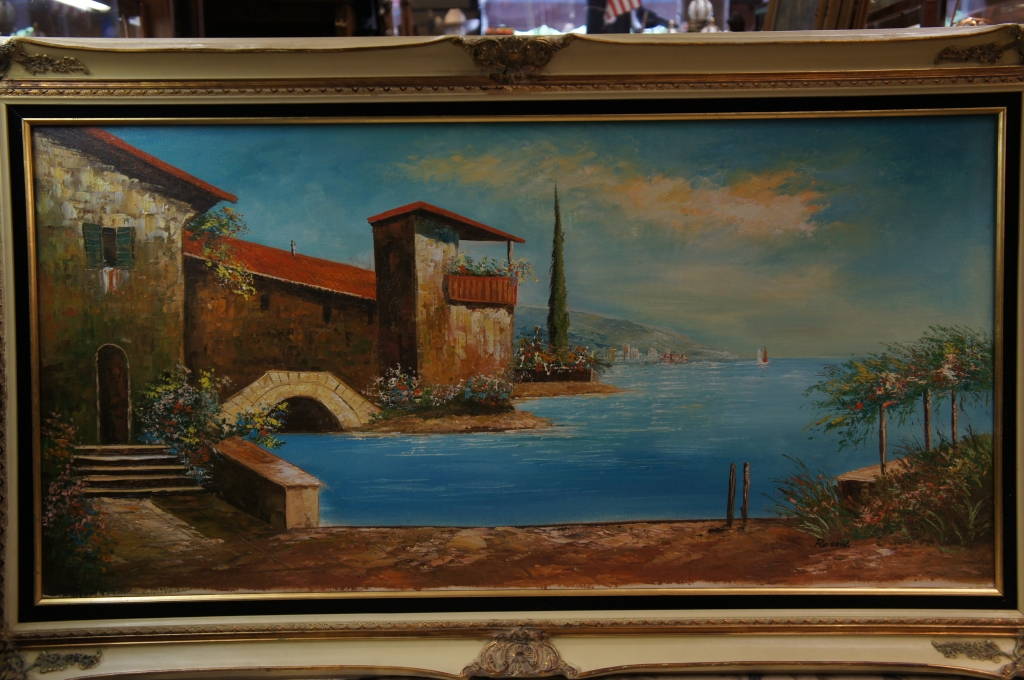 Large French Provincial Framed Oil Painting By Rossini Italian Tuscany