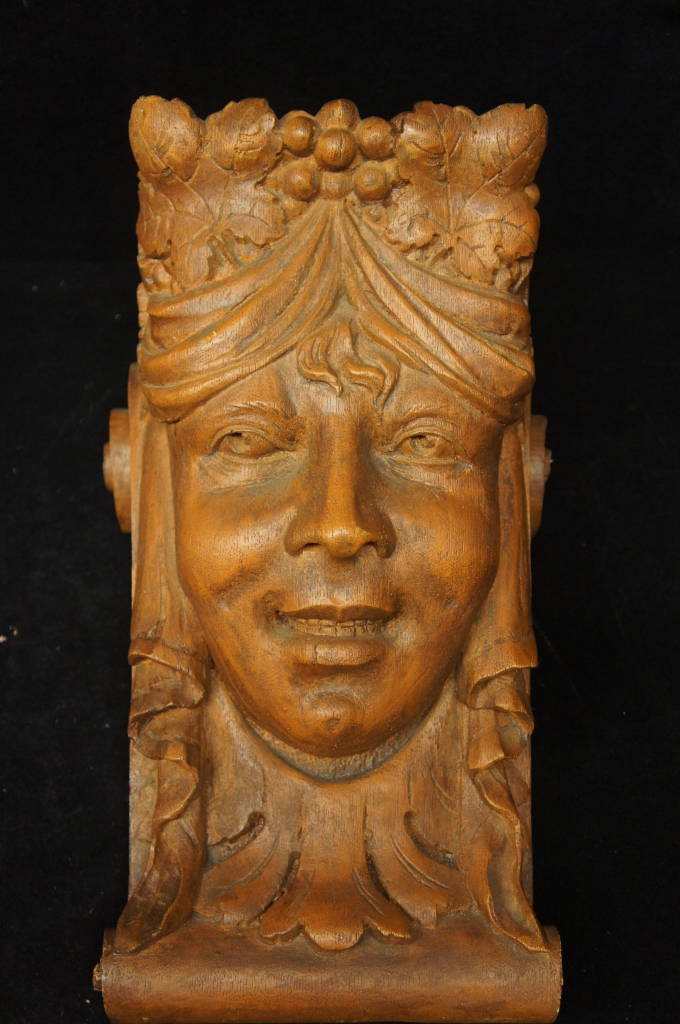 Vintage Figural Plaster Wooden Nickel Wall Hanging Corbel Head Sconce