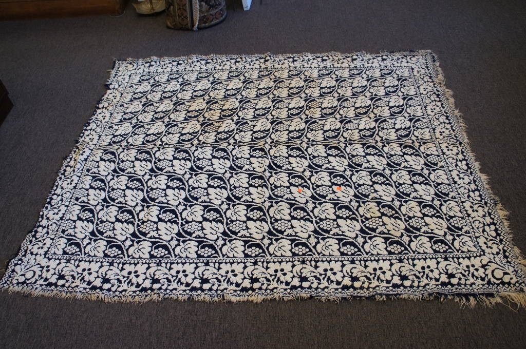Antique Hand Loomed Throw Blanket Cotton Coverlet Blue & White Floral