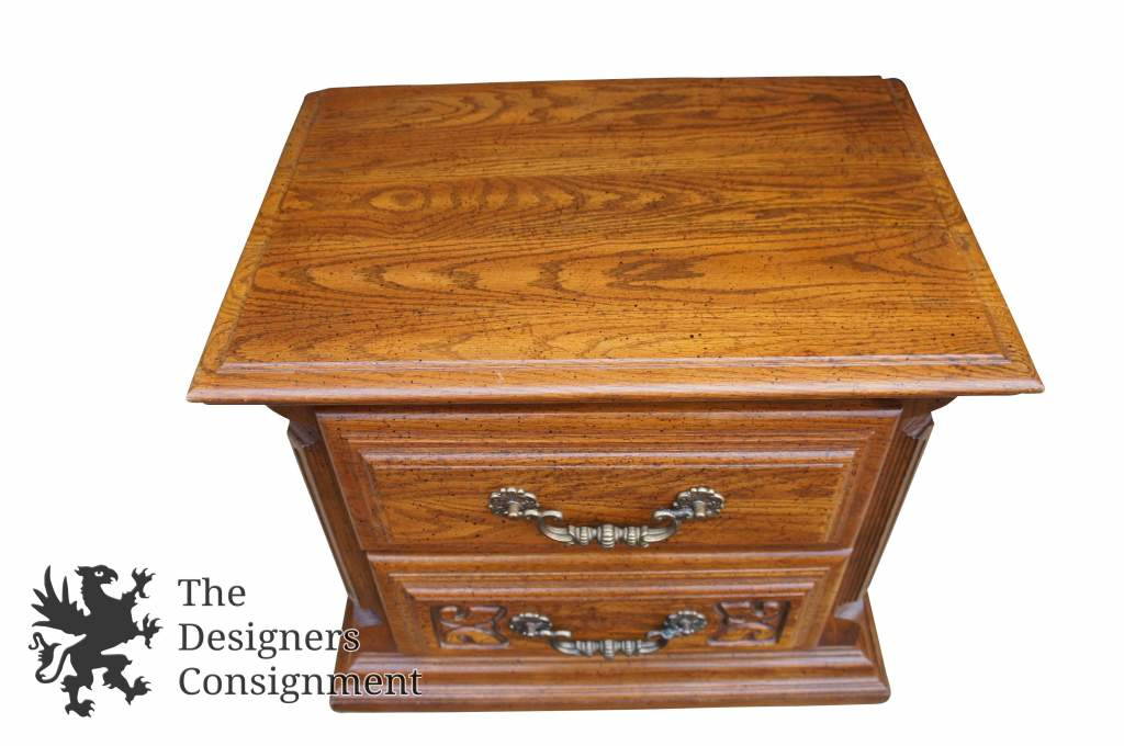 Sumter Co. 1970s Distressed Oak Bedroom Nightstand Carved