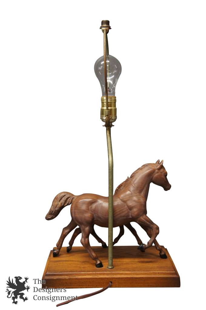 Vintage Figural Horse Table Lamp Mare Foal Colt Wood Base Faux