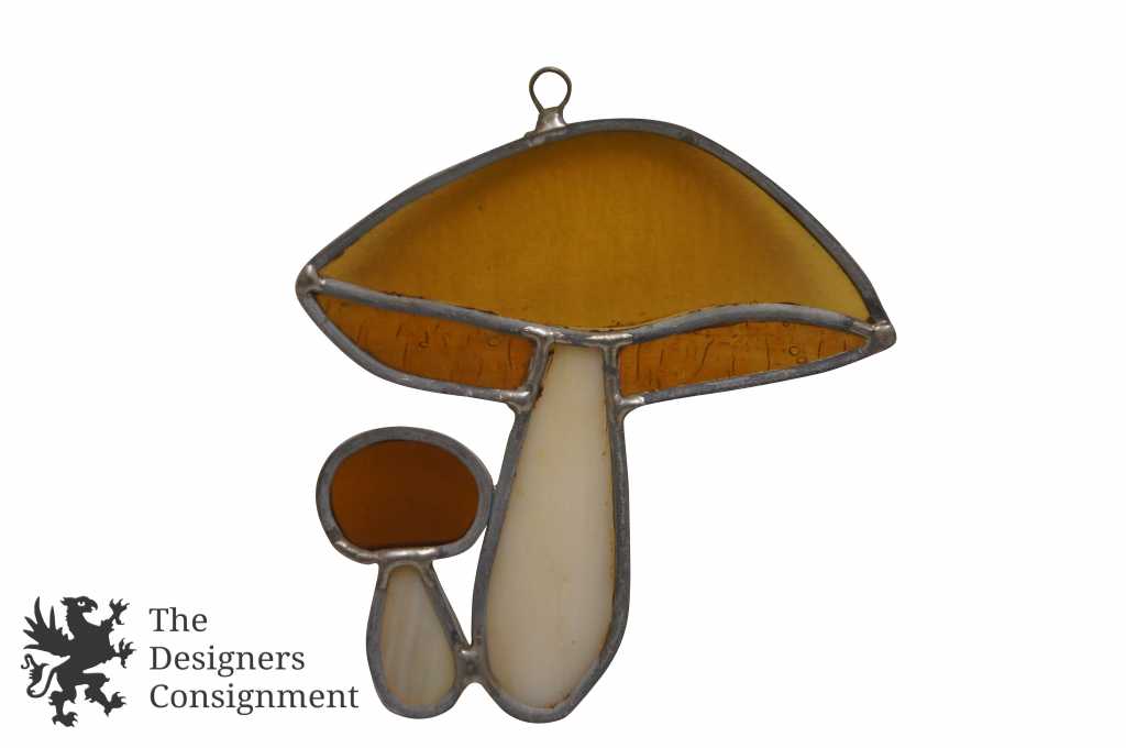 Vintage Leaded Stained Glass Wall Hanging Sun Catcher Mushroom Orange