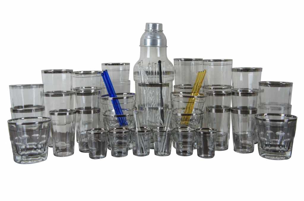 62 Pcs Philco Radio Bar Glassware Platinum Lined Art Deco Barware Set