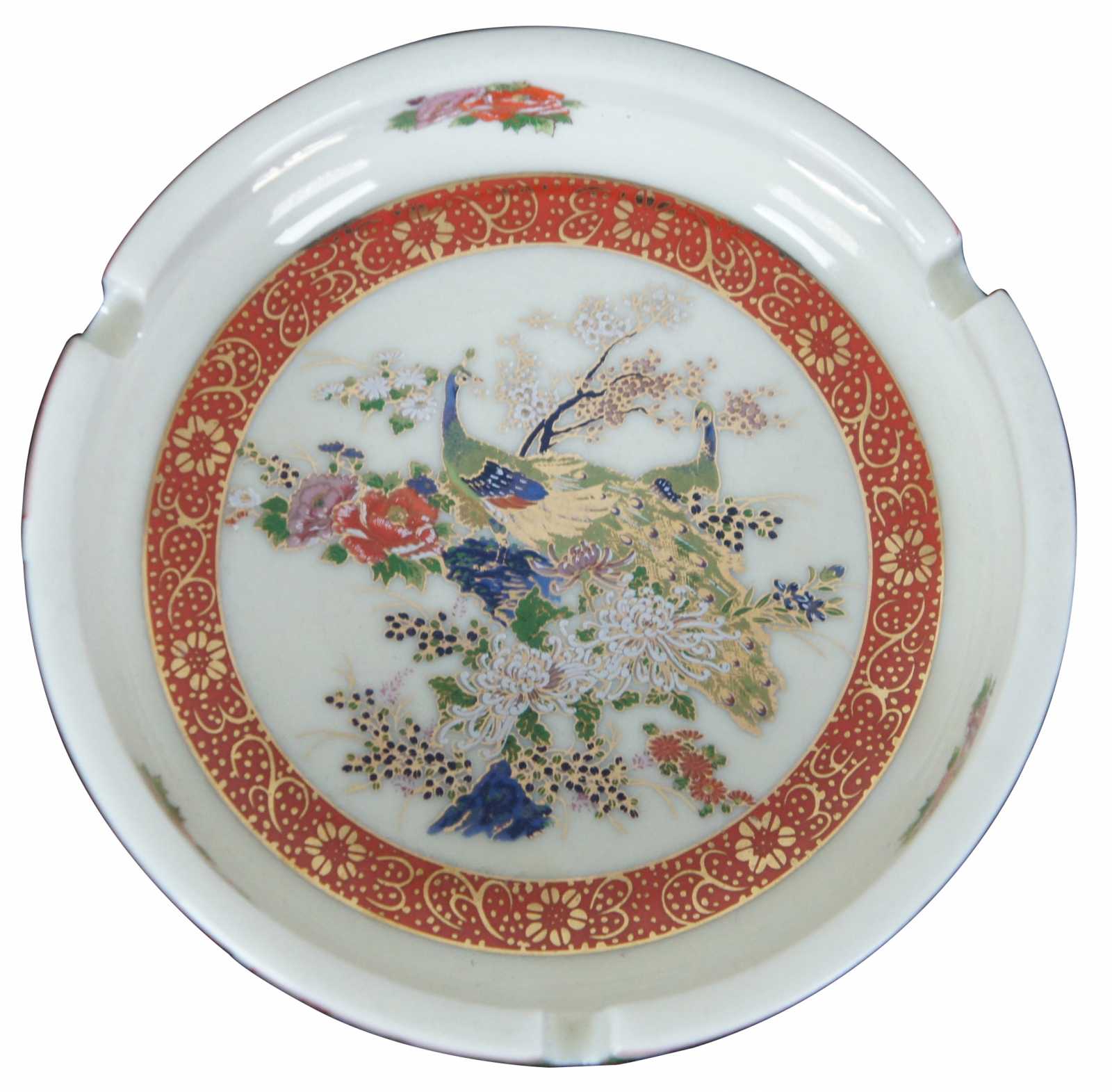1979 Japanese Satsuma Porcelain Floral Peacocks Cigarette Ashtray
