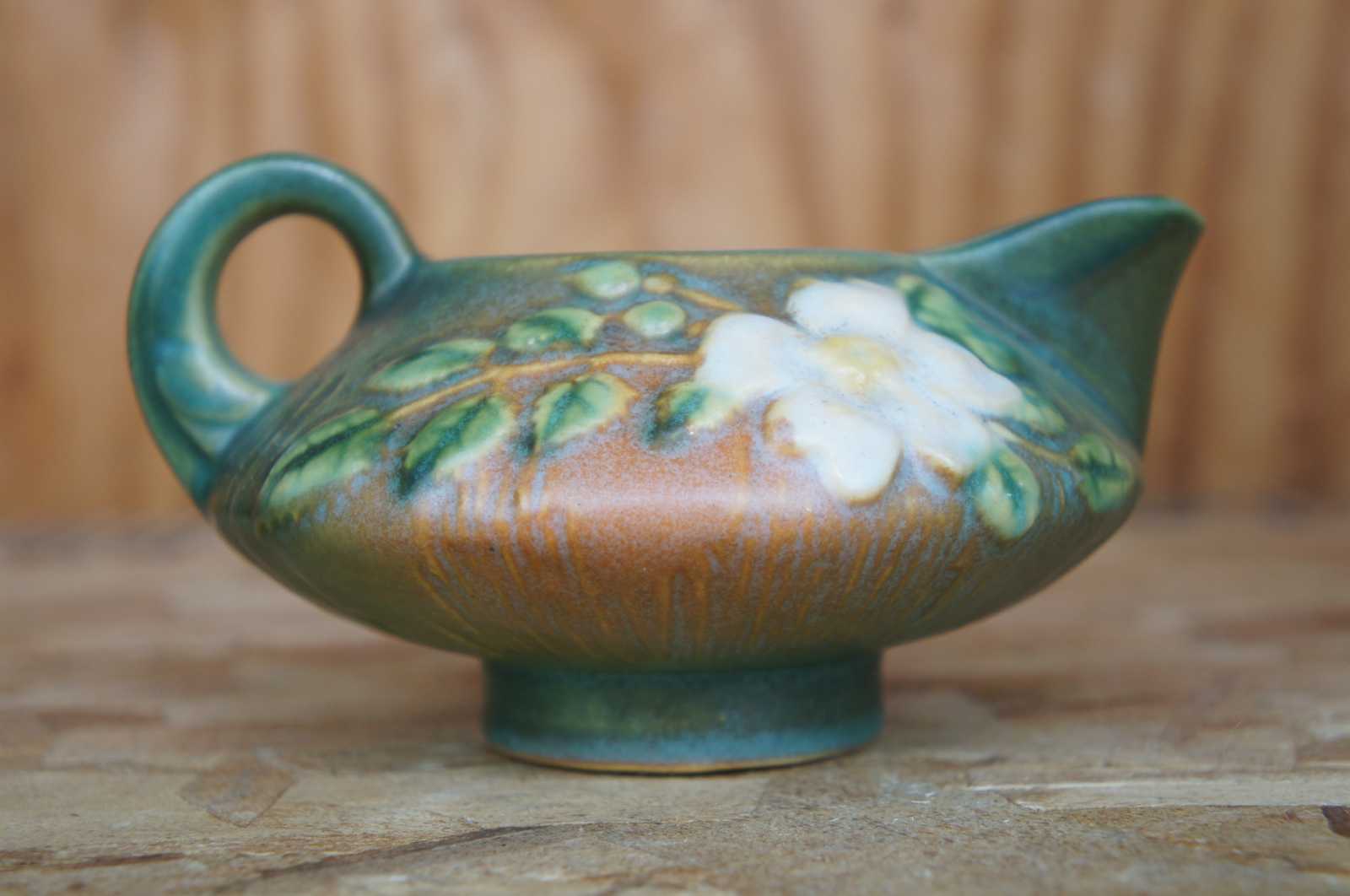 1940s Roseville Art Pottery White Rose Cream & Sugar 1C 1S Turquoise