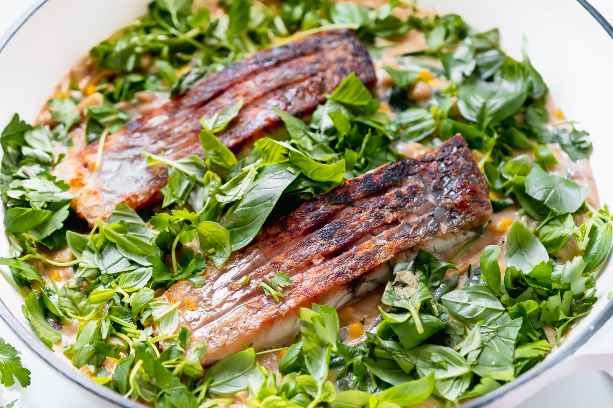 Crispy Skin Fish with Spinach and Artichoke Beans