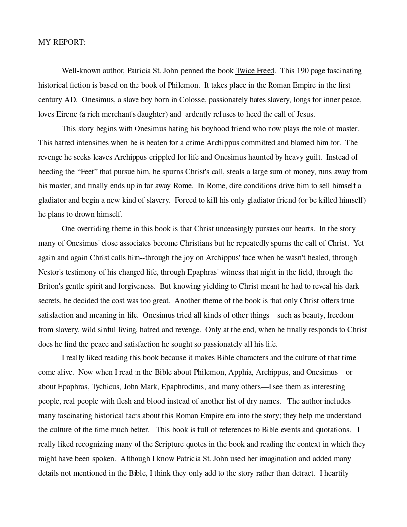 Twice Freed Book Report The Dock for Learning