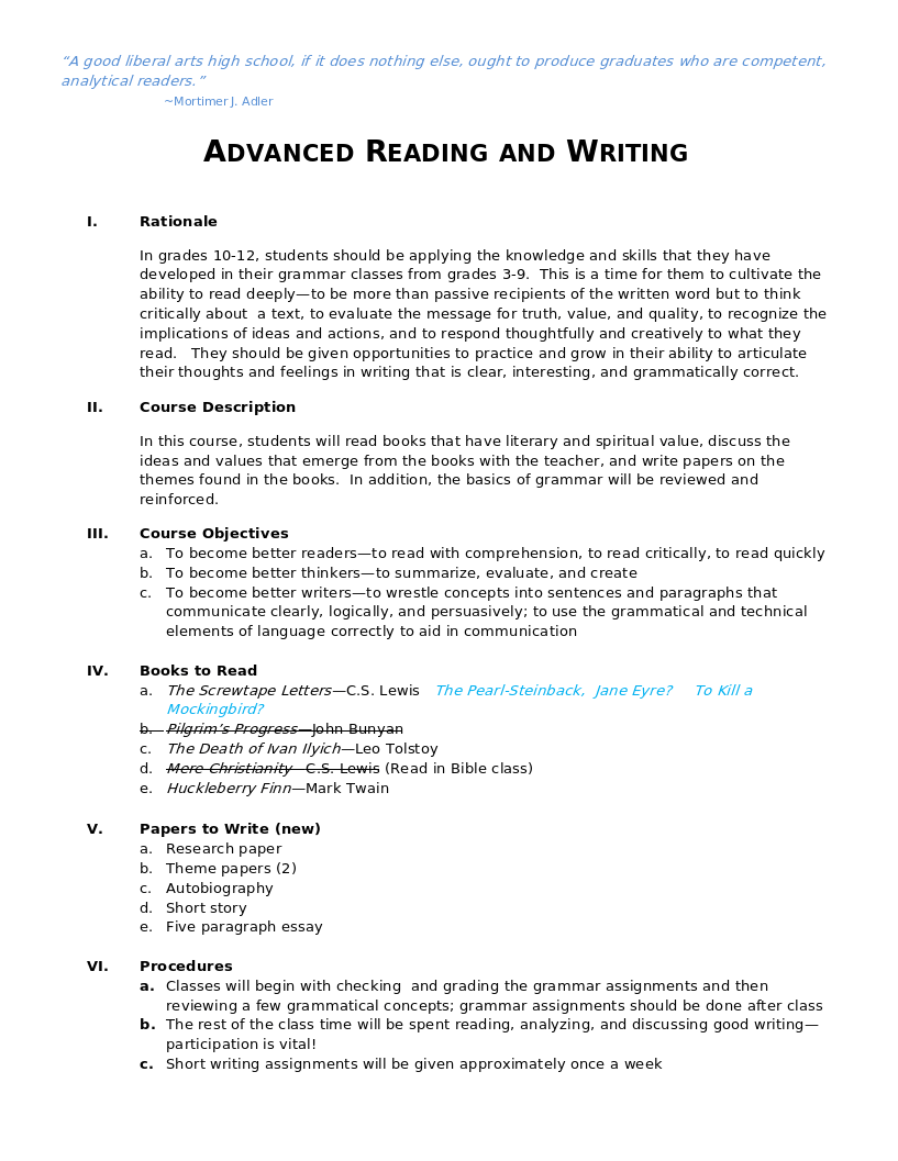 Syllabus for Advanced Reading and Writing The Dock for Learning