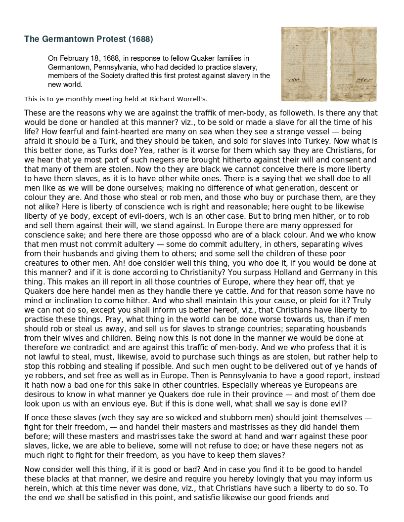 The Germantown Protest against Slavery The Dock for Learning