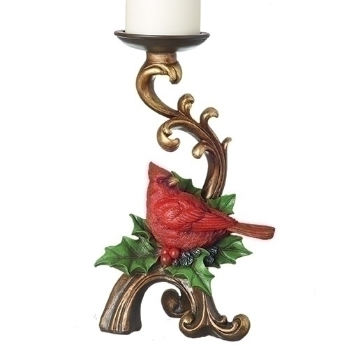 11" CHRISTMAS HOLLY, CARDINAL CANDLE HOLDER GOLD SCROLL The Doll Lady