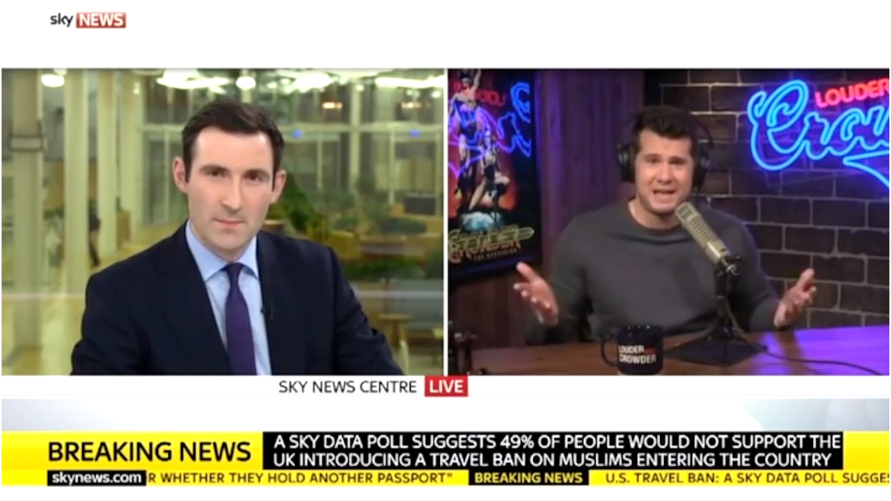 Konservatiivinen kommentaattori Steven Crowder altistaa "Muslim Ban fake uutiset, jättäen SkyNews isäntä näköinen tyhmä