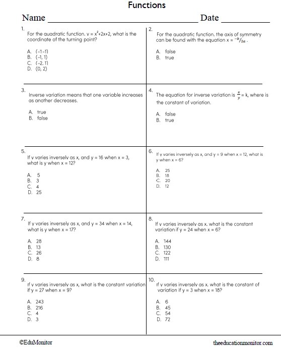 8th Grade Functions Math Worksheet EduMonitor