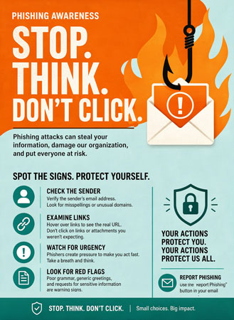 Phishing poster that uses a vivid color for the primary level of hierarchy in the top half and a muted color in the bottom half.