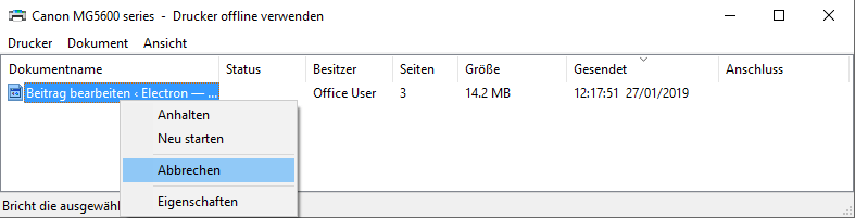 Windows 10 Druckauftrag abbrechen Electron