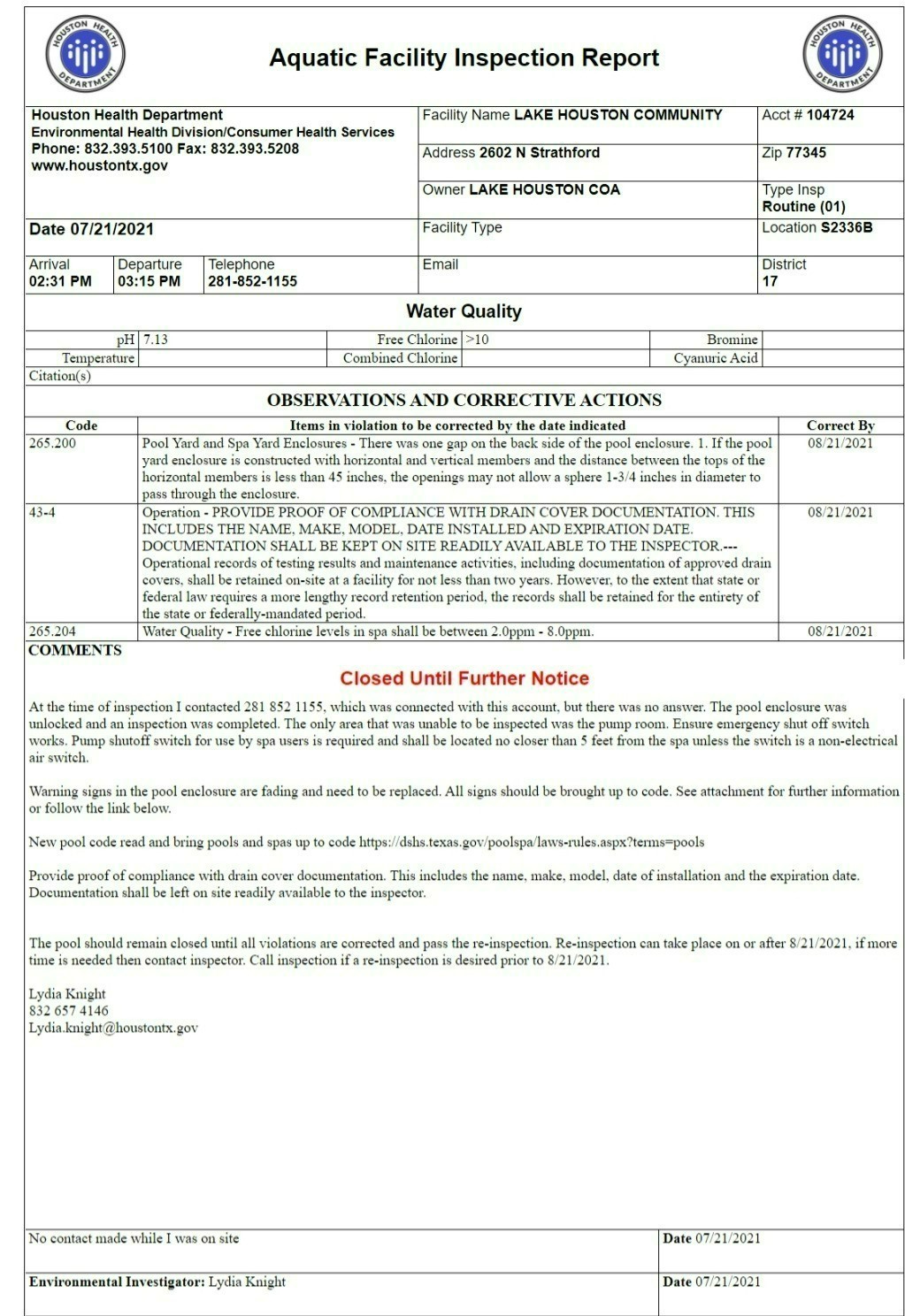 Annual City of Houston Pool Inspection KINGWOOD, TEXAS