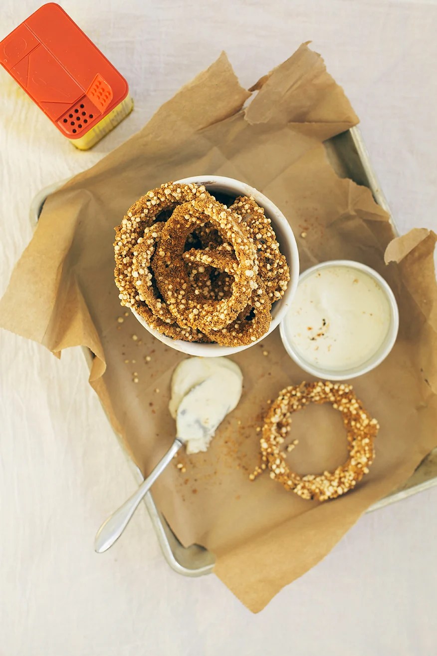 QUINOA ONION RINGS WITH CREAMY HORSERADISH DIP » The First Mess