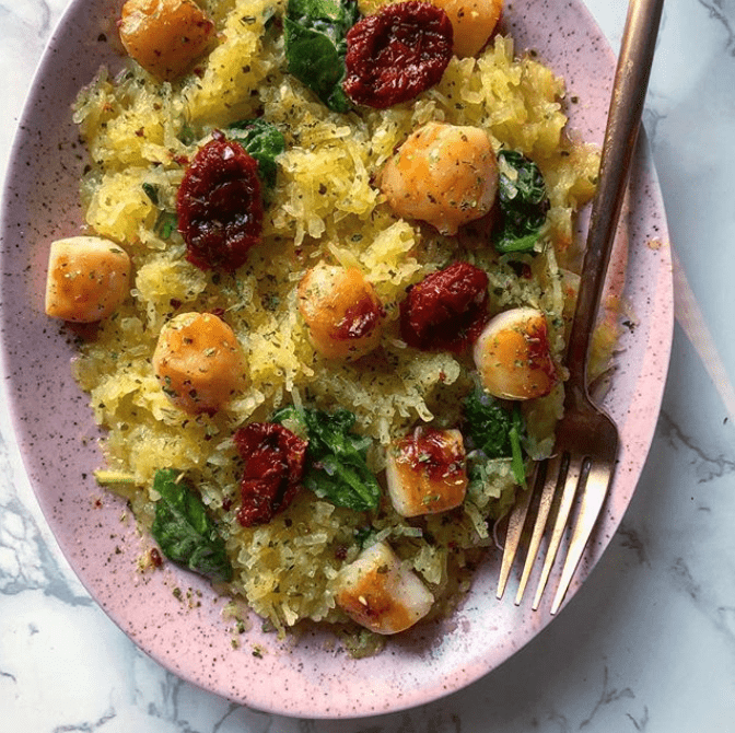 creamy PALEO ALFREDO spaghetti squash with SEARED SCALLOPS thefitdelish