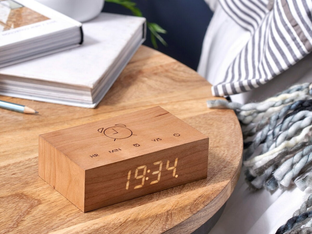 Gingko Flip Click Clock minimal alarm clock has engraved buttons and a