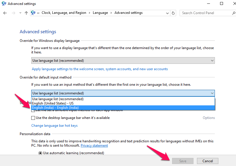 Change Default Keyboard Language Input method in Windows 10