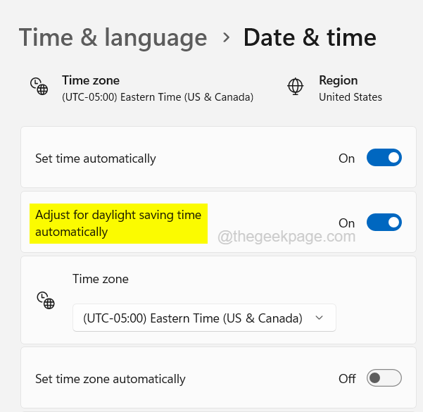 Adjust for daylight saving time automatically option is greyed in