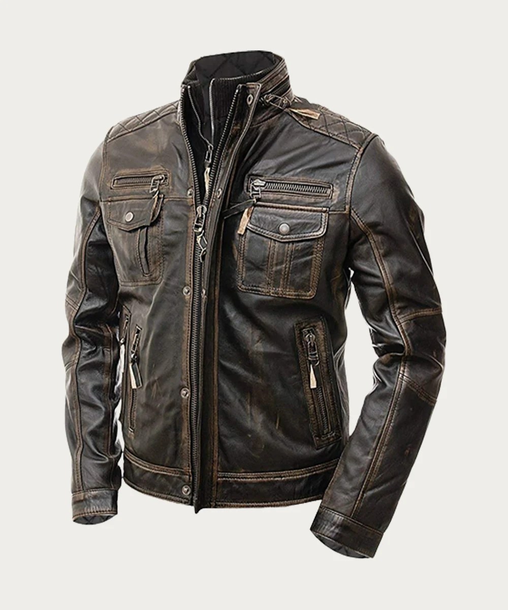 Cafe Racer Distressed Motorcycle Brown Leather Jacket Biker Jacket