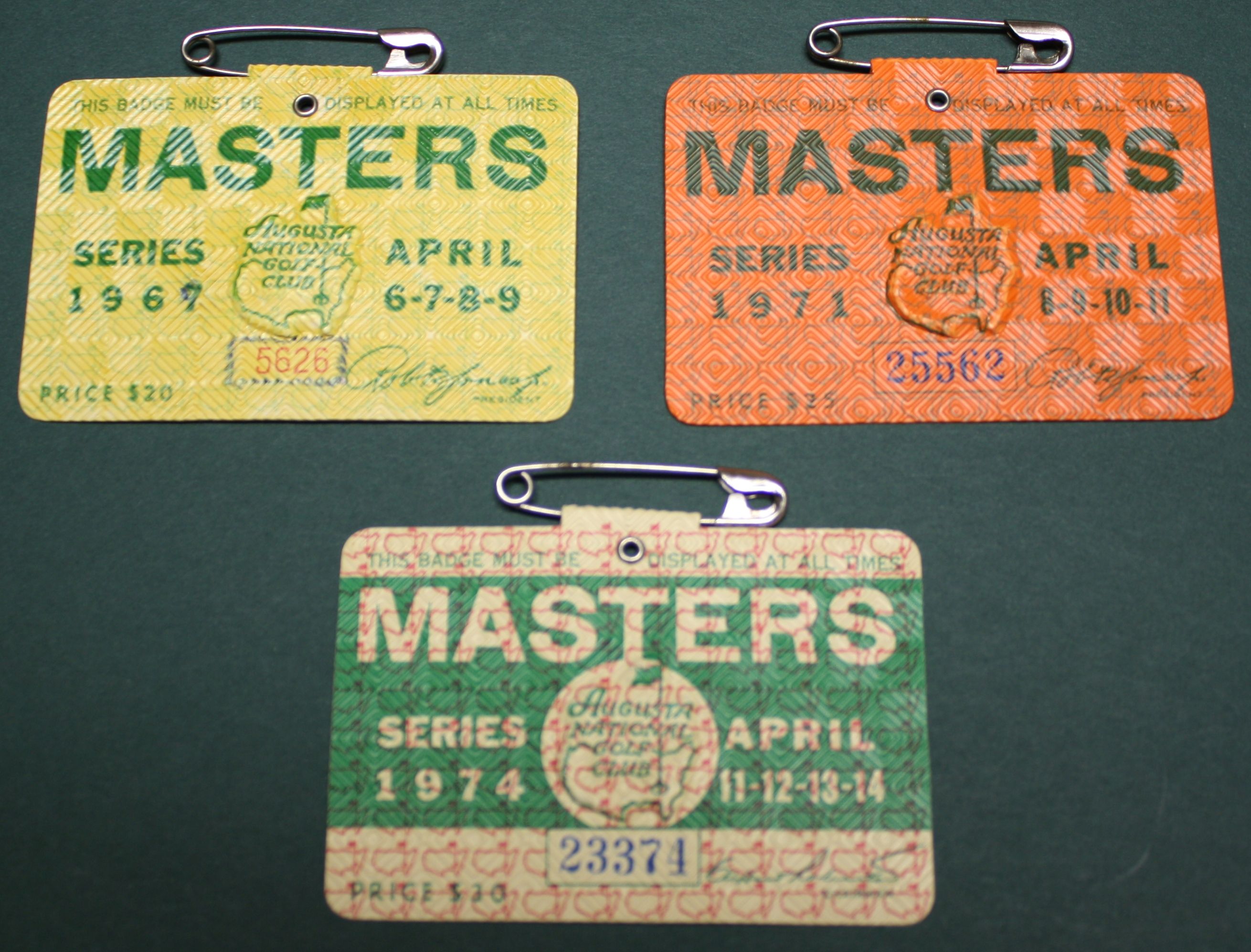Lot Detail Lot of 3 Masters Badges 1967, 1971, and 1974