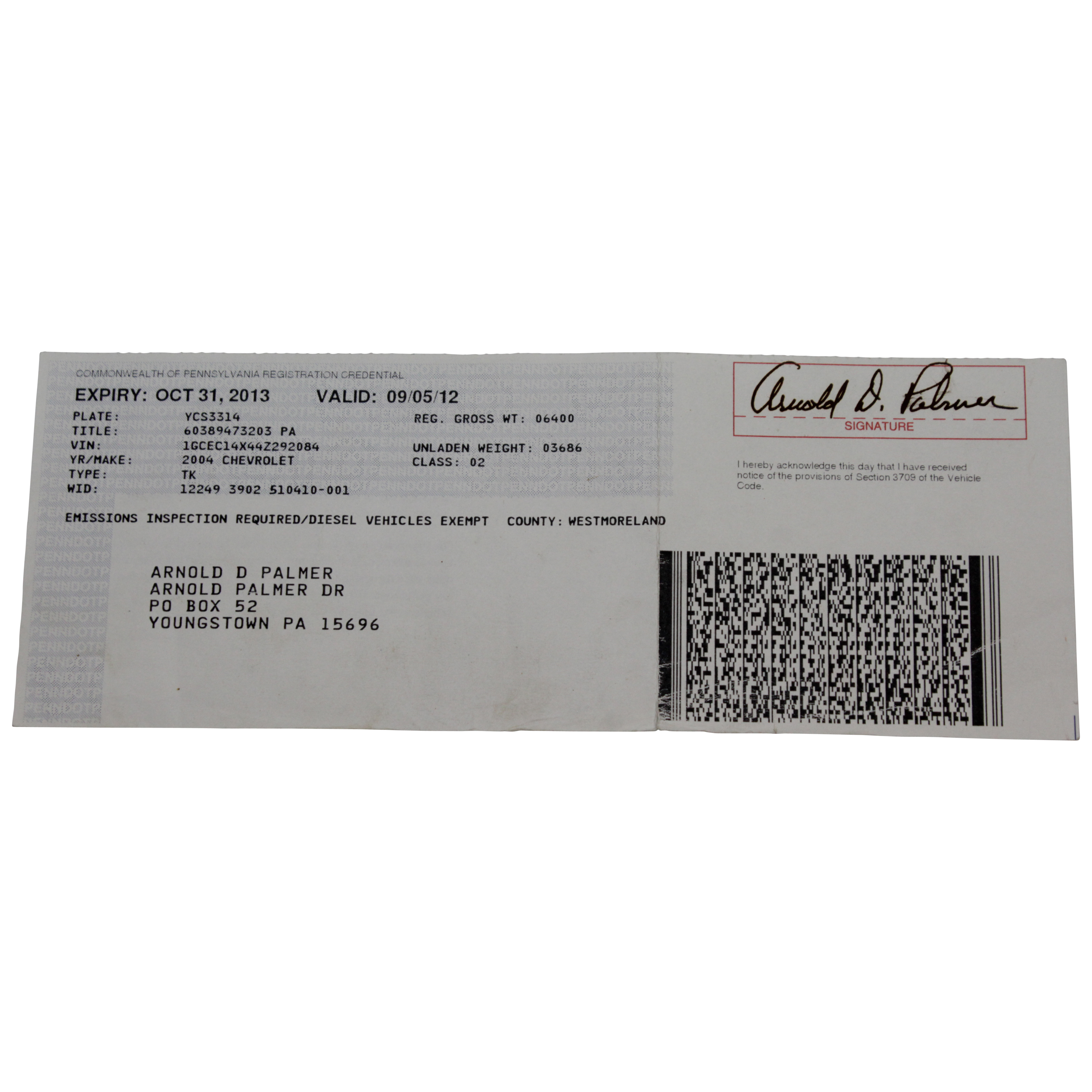 Lot Detail Arnold D. Palmer Signed 2012 Pennsylvania Truck