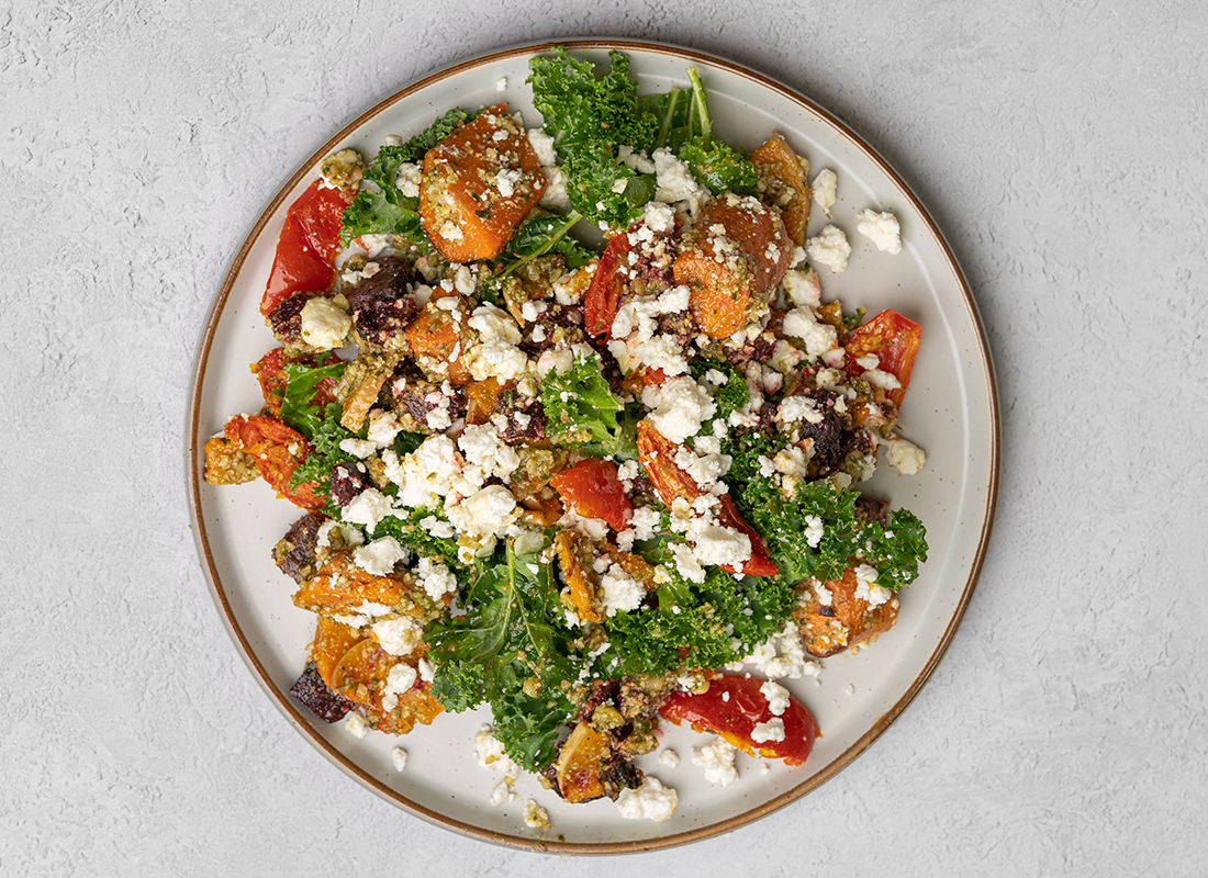 Feta, SunBlushed Toms, Green Pesto, Roast Root Veg The Good Prep