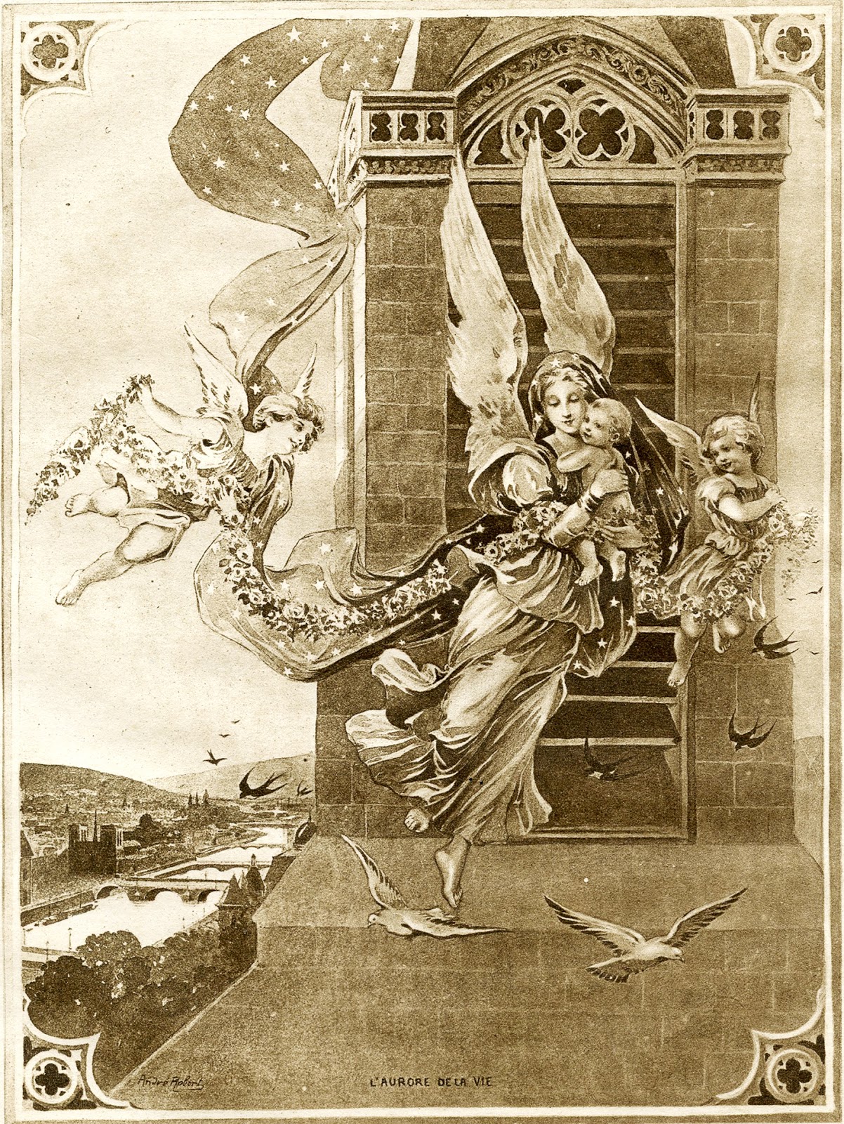 Antique French Graphic Sepia Angels with Child! The Graphics Fairy