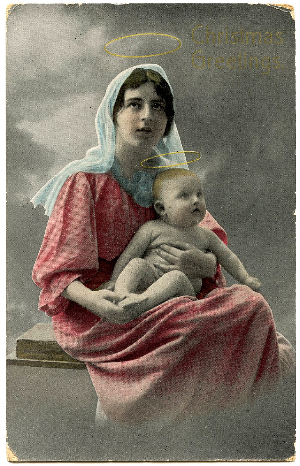 Old Photo Beautiful Mary & Jesus with Halos The Graphics Fairy