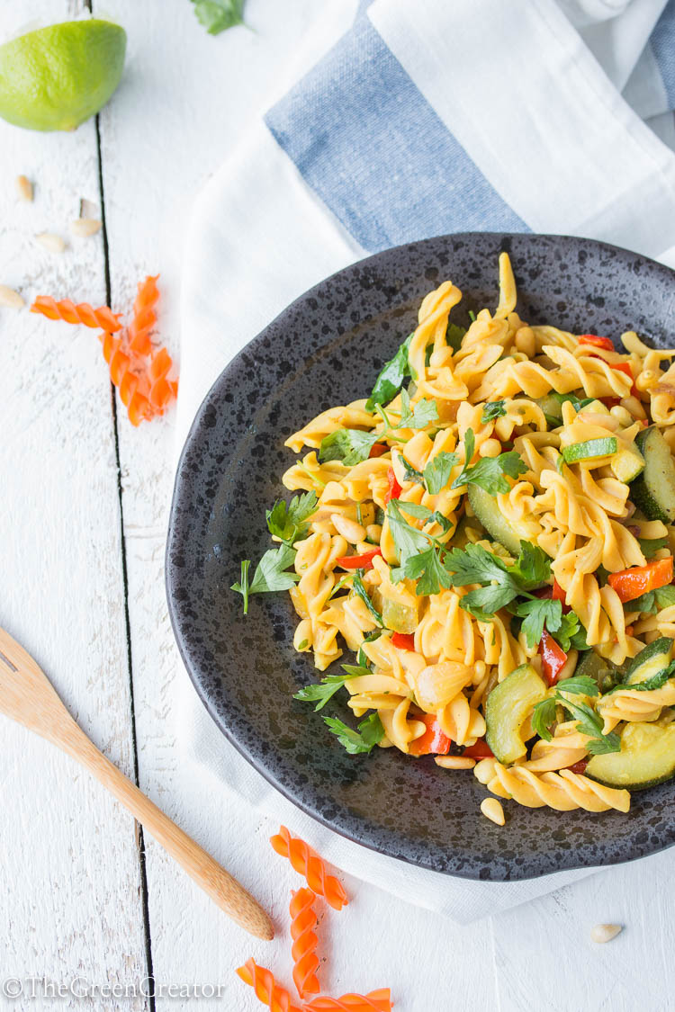 Red lentil pasta with zucchini and lime