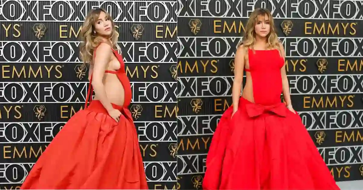 Suki Waterhouse flaunts baby bump in red outfit at 2023 Emmy Awards