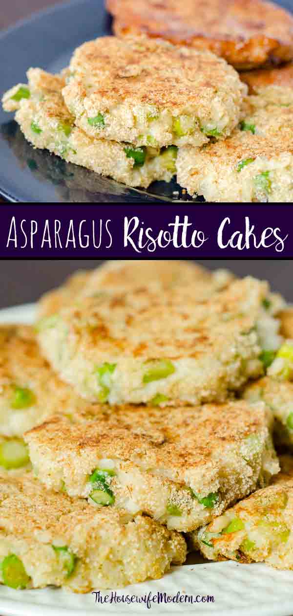 Asparagus Risotto_Pin1 Asparagus Risotto Cakes: flavorsome, taste of asparagus, creaminess of risotto, light crispness from griddle. If you thought you hated asparagus, give it another try. #asparagus #risotta #appetizer #sidedish