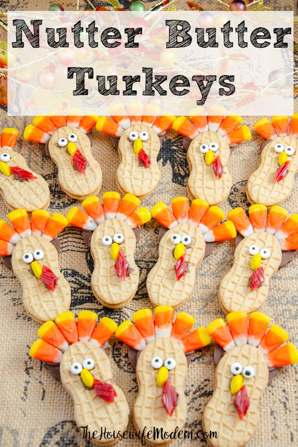 Pin image for Nutter Butter Turkeys. Long view picture of turkey cookies with text overlay.