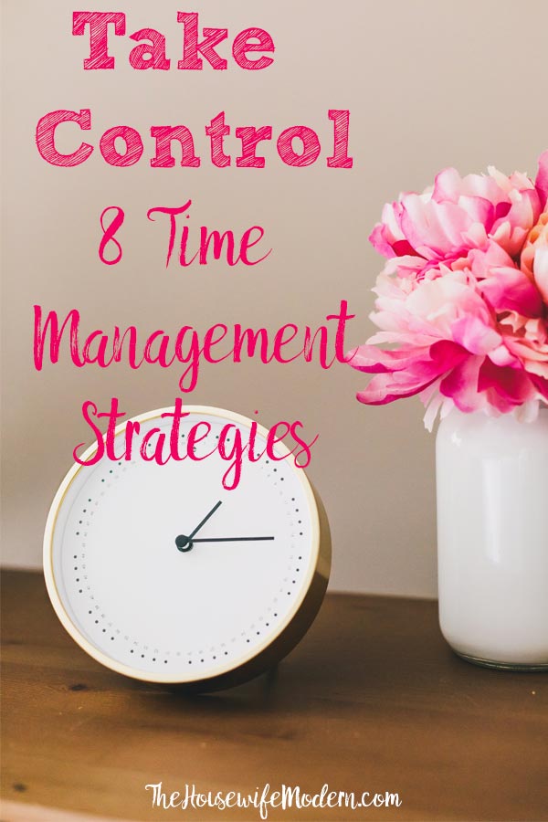 Pin image for 8 time management strategies. Clock and pink flowers with text overlay.