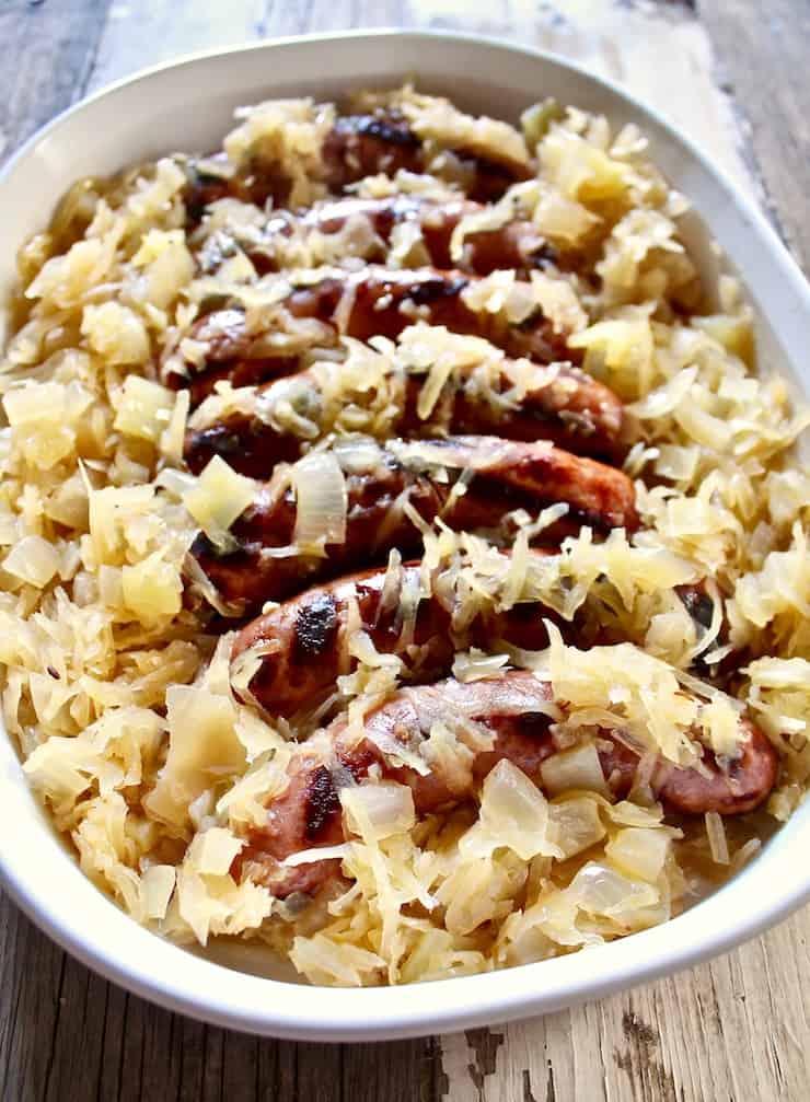 Beer Brats and Sauerkraut {Cooked On the Grill in One Pan}