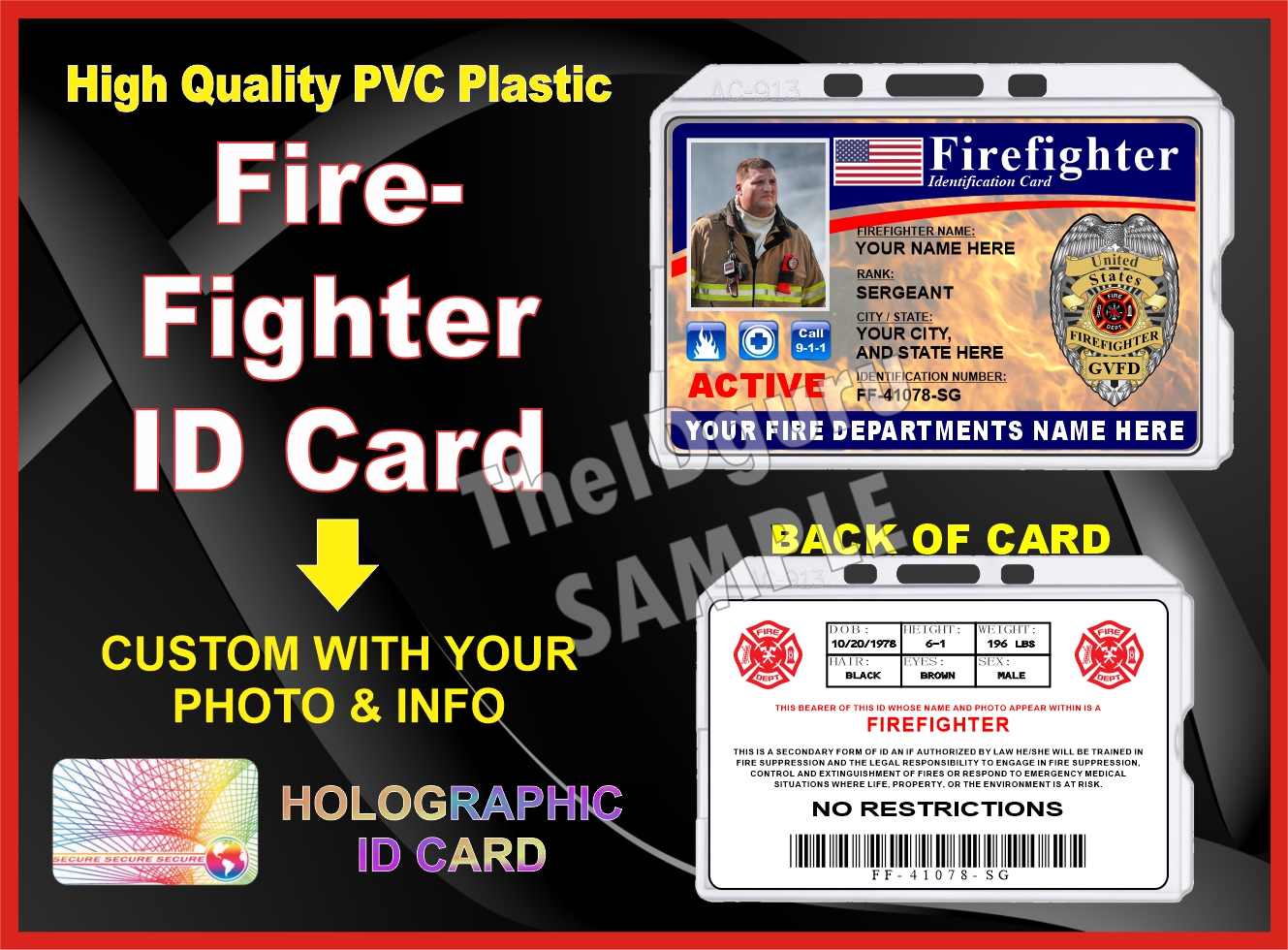 Firefighter Identification Card Custom with your Photo and DEPT. LOGO