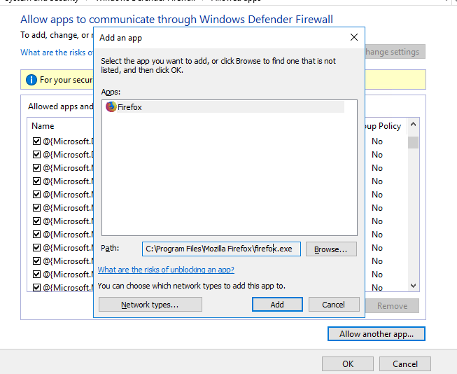Advanced Security Settings on Windows 10