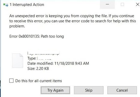 Destination Path Too Long Error When Moving/Copying a File