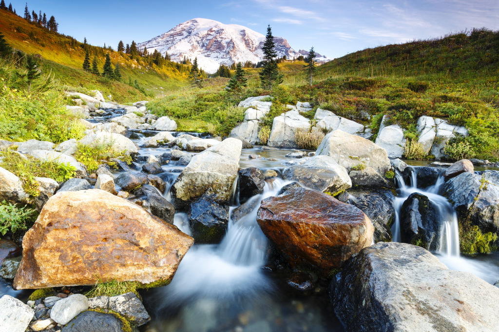 Water Cascading Down through Large Rocks jigsaw puzzle in Waterfalls
