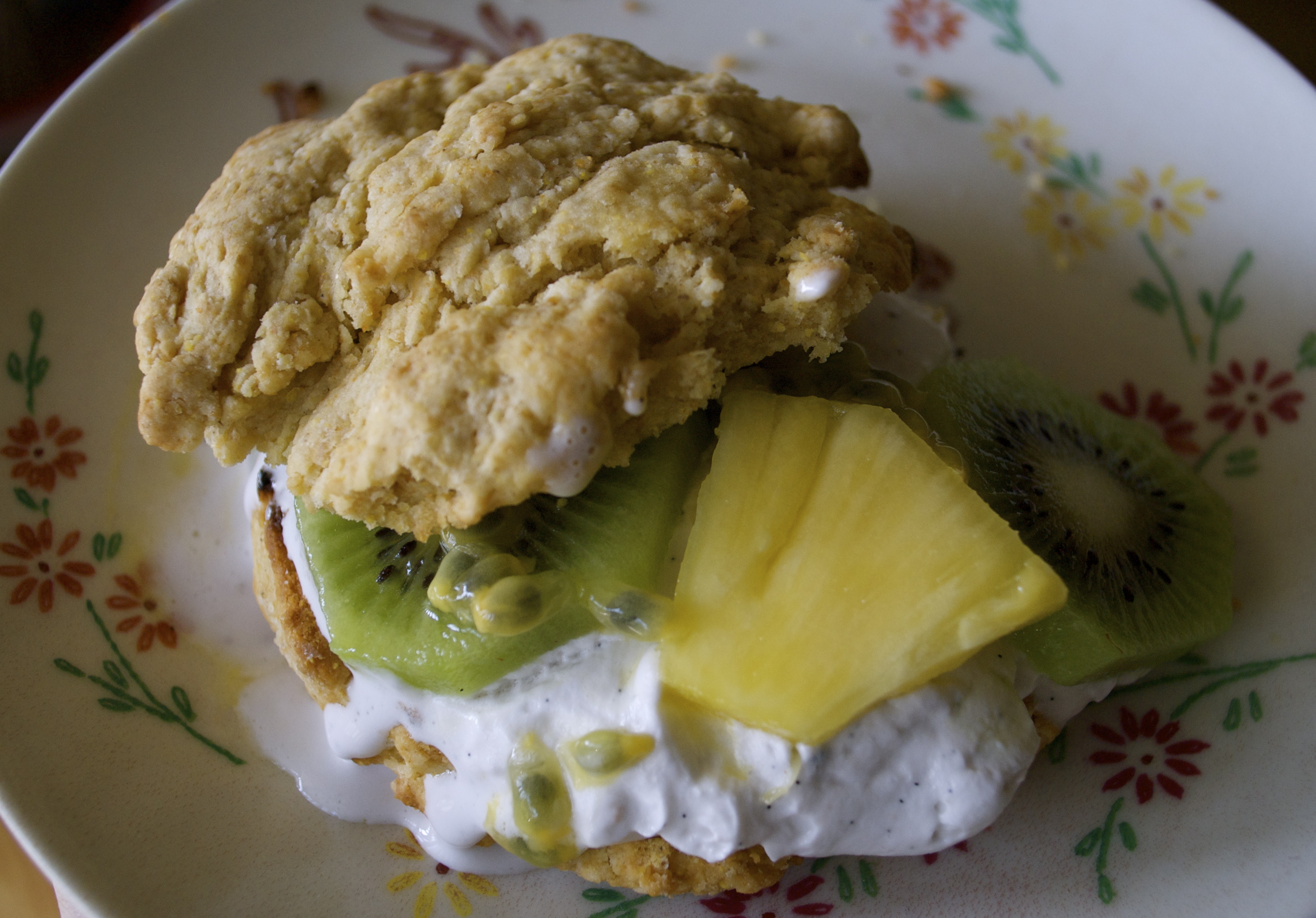 Tropical Cornmeal Shortcakes w/ Kiwi, Pineapple, Lilikoi & Coconut