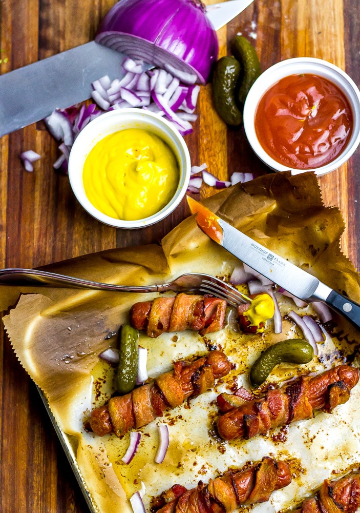 Bacon Wrapped Hot Dogs Keto Dogs in the oven