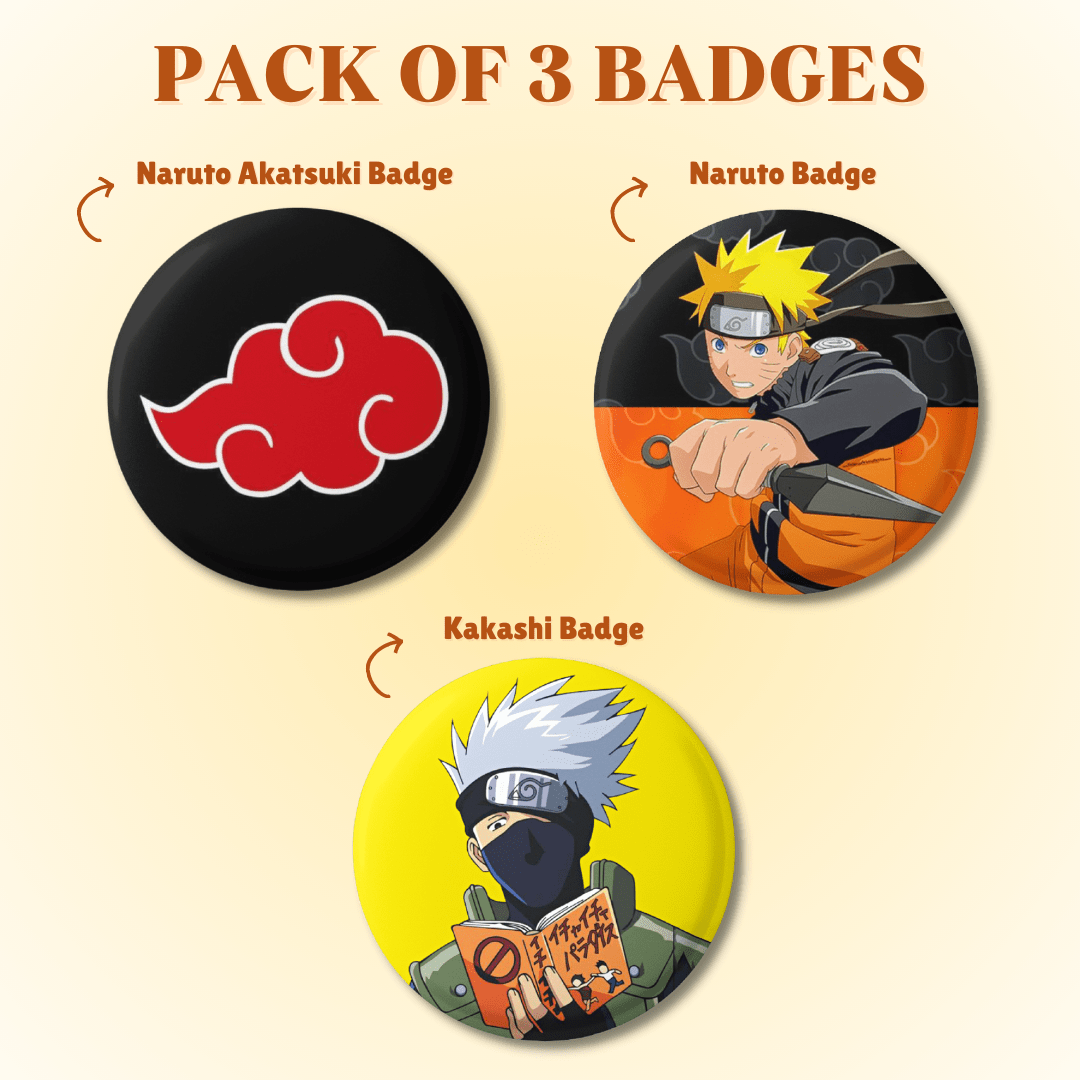 Pack of 3 Anime Badges Naruto + Luffy + Levi THEKFANDOMSTORE