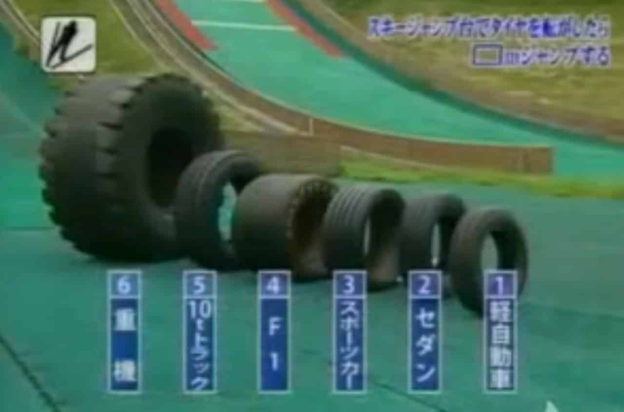 Tires on a ski jump, a competition clip from Japanese television The