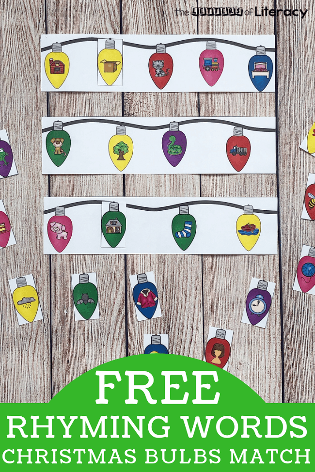 FREE Christmas Lights Rhyming Words Matching Center Activity
