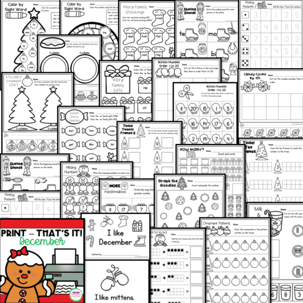 December Print That's It! Kindergarten Math and Literacy Printables
